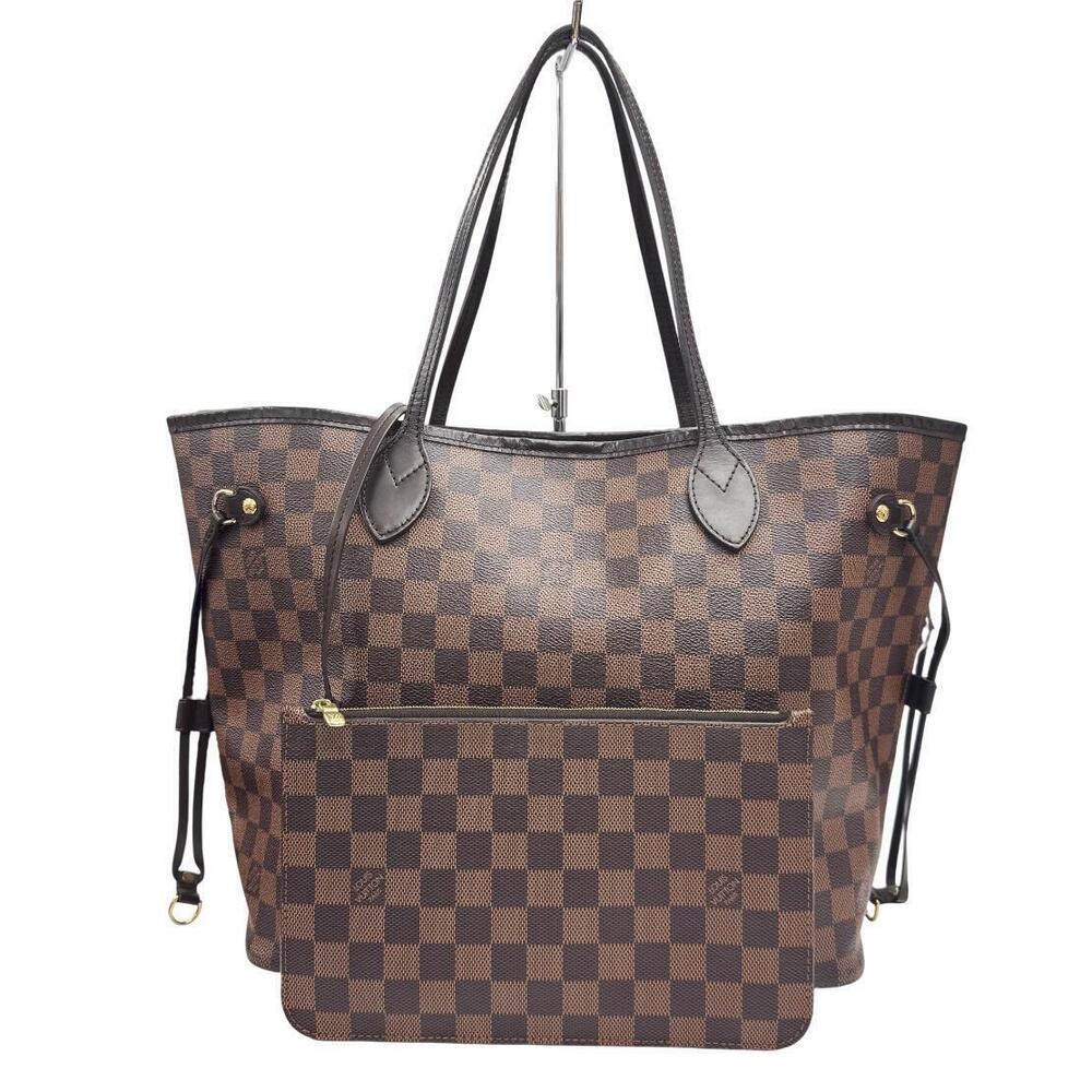 Louis Vuitton Neverfull Damier Tote Bag Pouch LV Canvas Leather Ebene Brown